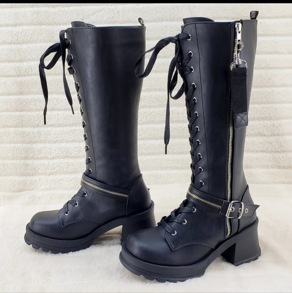 Bratty Block Heel Lace Up Punk Goth Biker Knee Boots - Picture 8 of 15
